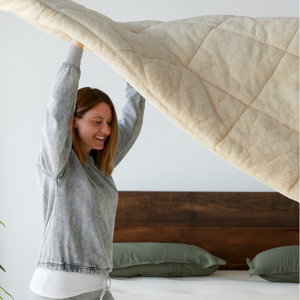 Eine lächelnde junge Frau mit geschlossenen Augen hebt ihre Bettdecke aus Schafschurwolle in die Höhe.