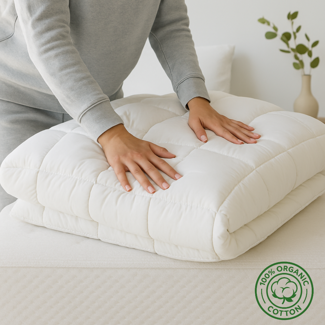 Die Bettdecke aus Schurwolle Lux von Wool-Line wird auf dem Bett zusammengelegt. Unten rechts befindet sich ein grünes Siegel, in dem 100% Organic Cotton steht, was die nachhaltigen Materialien der Bettdecke unterstreicht.