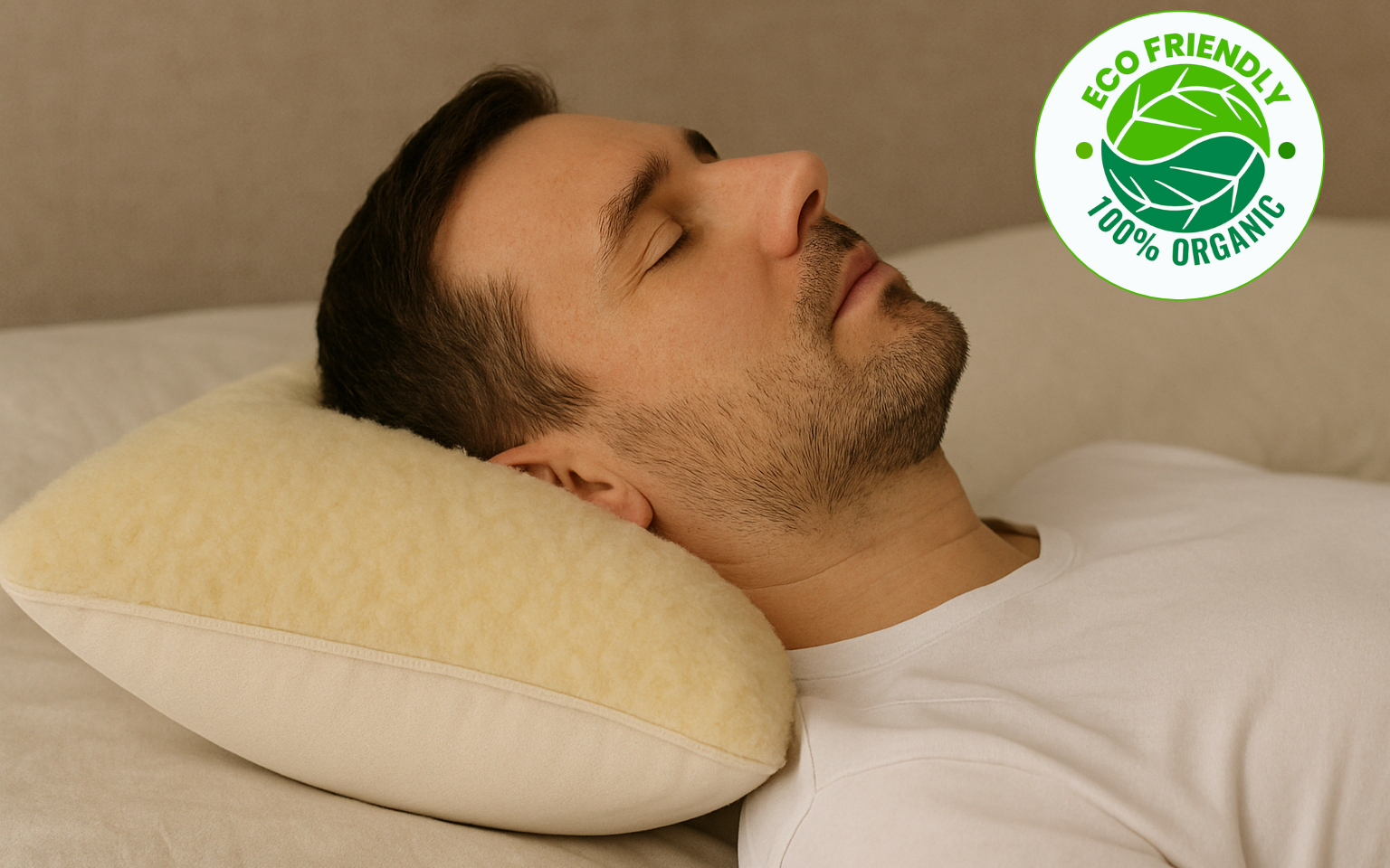 Ein Mann schläft entspannt auf dem Kissen Schafwolle Gold/Lux von Wool-Line. Sein Nacken liegt auf dem weichen und wärmendem Wollfilz. Oben rechts befindet sich ein Siegel, auf dem steht: Eco Friendly 100% Organic, was die Natürlichkeit und Nachhaltigkeit des Kissen aus Schafwolle unterstreicht.