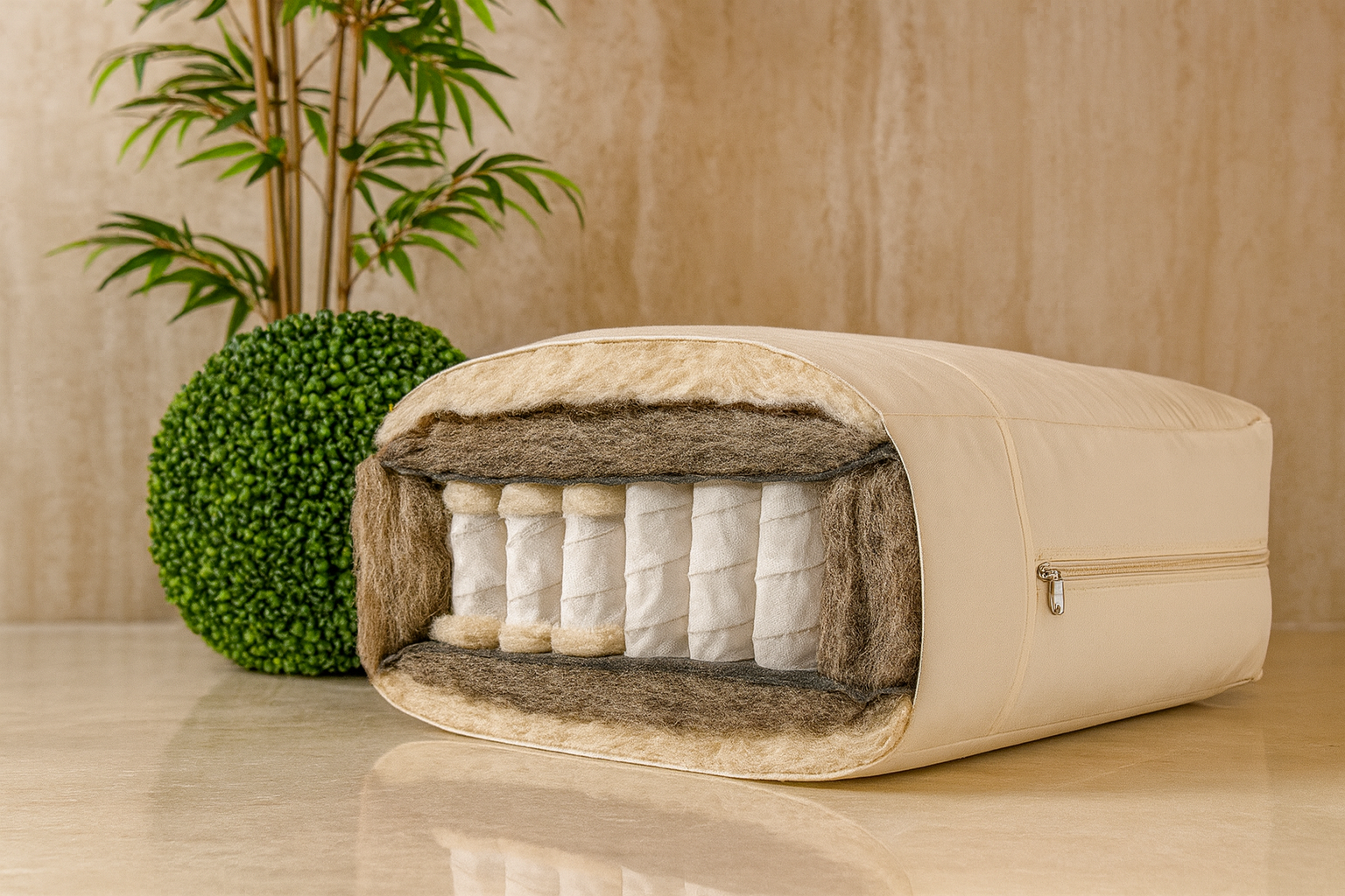 Unsere Schafschurwolle Matratze im Querschnitt. Die Hülle besteht aus sanfter Bio-Baumwolle, dannach kommen mehrere Schichten hochwertigster Schafschurwolle.