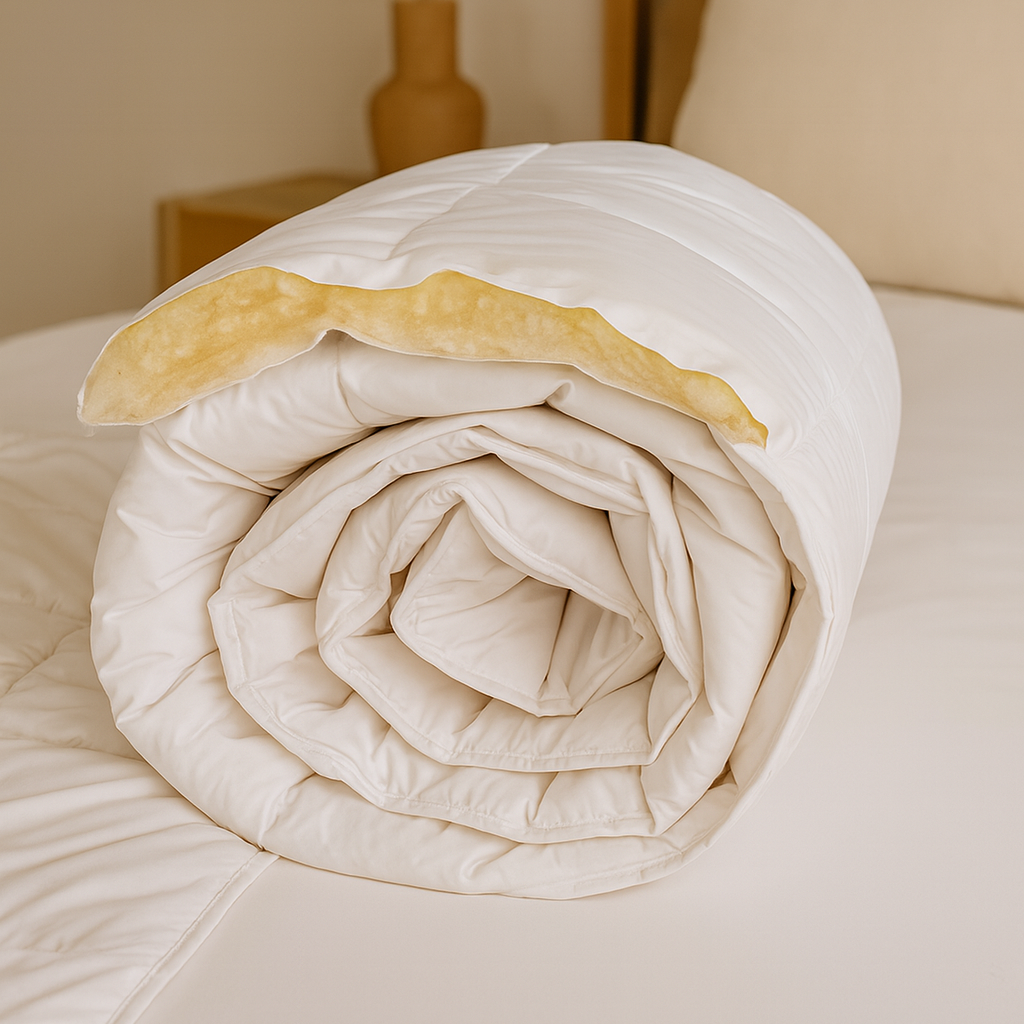 Die Schurwolle Bettdecke Lux von Wool-Line eingerollt auf dem Bett. An der Oberseite ist die Schurwollfüllung zu sehen. Hier zeigt die Bettdecke Lux ihre ganze Elastizität ohne Dellenbildung in der Hülle.