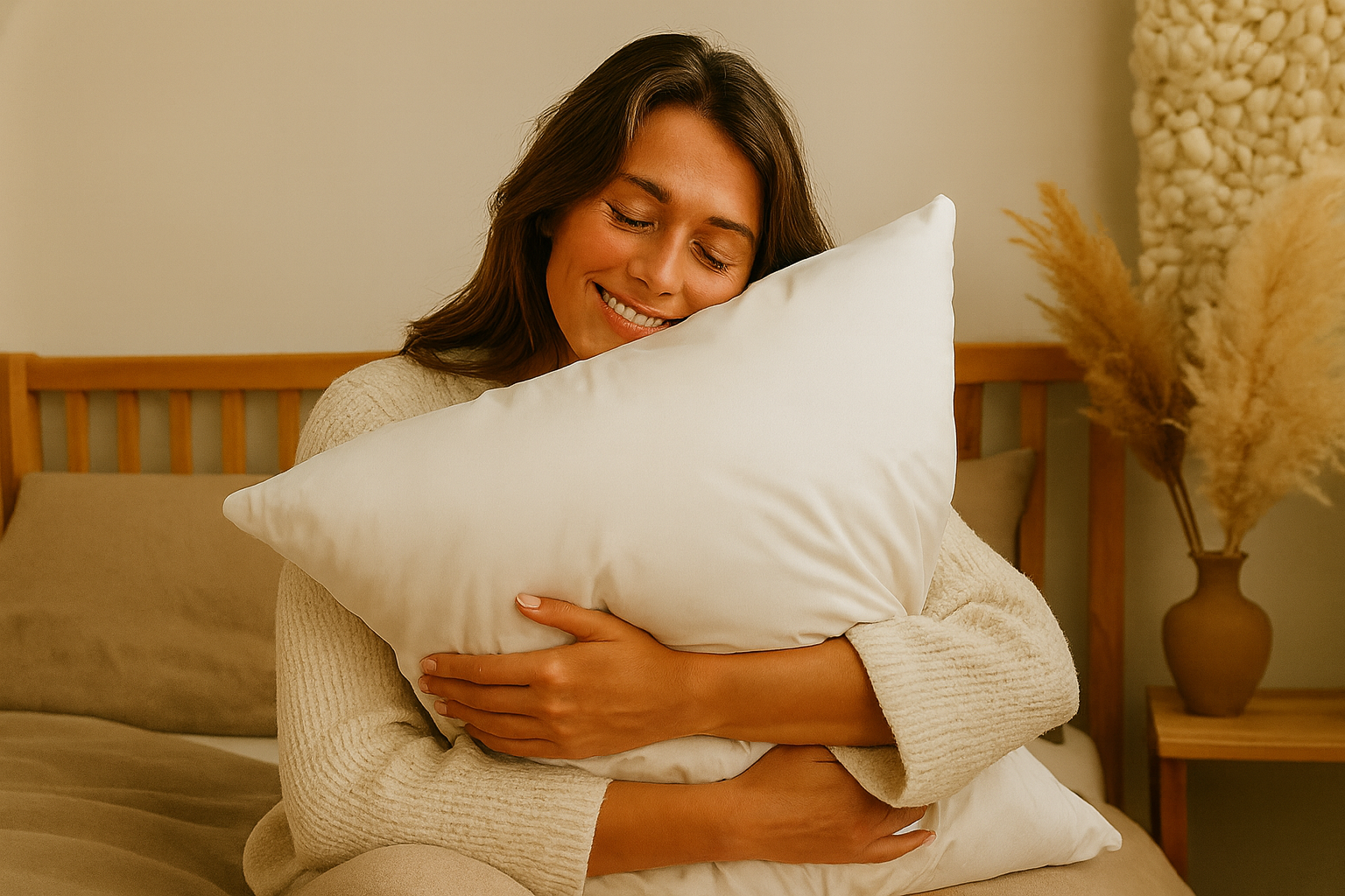 Eine Frau drückt ihr Schurwolle Kissen Lux kräftig an die Brust. Sie hat einen entspannt lächelnden Gesichtsausdruck und kuschelt sich ganz eng an das Kopfkissen aus natürlichen Materialien.