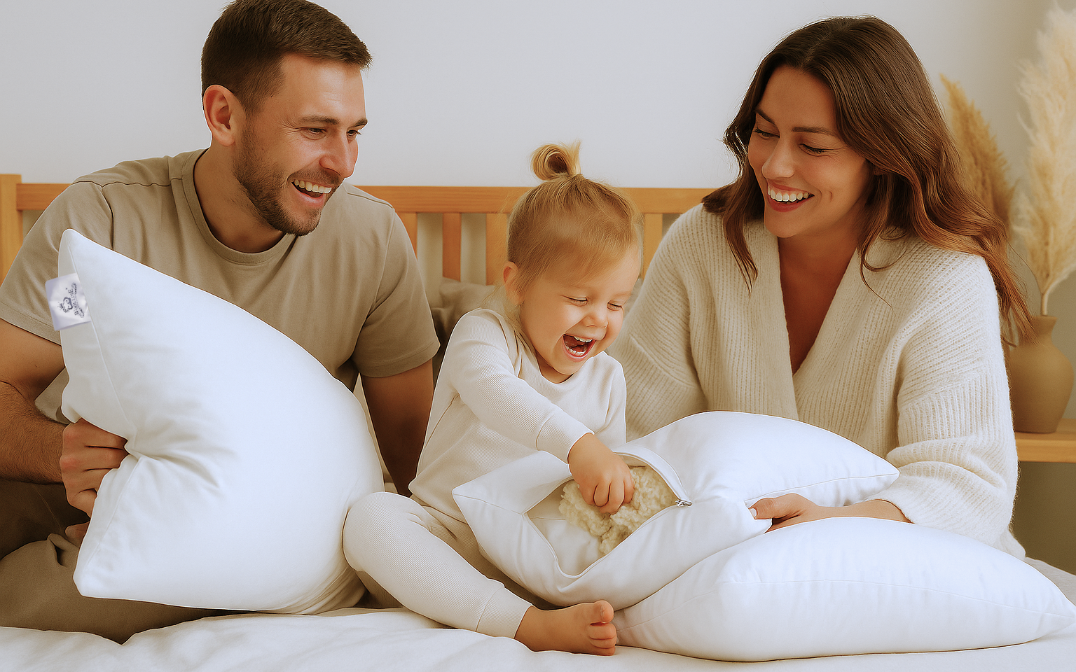 Eine gut gelaunte Familie beschäftigen sich gemeinsam auf dem Bett mit ihrem Schurwolle Kissen Lux von Wool-Line. Die kleine Tochter entnimmt mit großem Spaß einen Bündel an Schurwolle aus dem Kopfkissen. Die Füllung des Schurwolle Kissen Lux ist flexibel anpassbar und kann je nach gewünschter Kissendicke verändert werden.