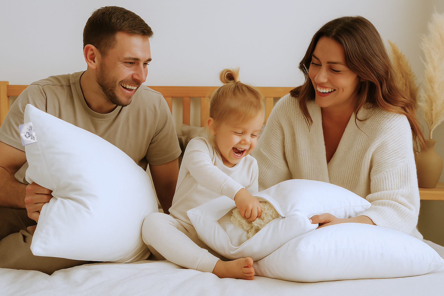 Eine gut gelaunte Familie beschäftigen sich gemeinsam auf dem Bett mit ihrem Schurwolle Kissen Lux von Wool-Line. Die kleine Tochter entnimmt mit großem Spaß einen Bündel an Schurwolle aus dem Kopfkissen. Die Füllung des Schurwolle Kissen Lux ist flexibel anpassbar und kann je nach gewünschter Kissendicke verändert werden.