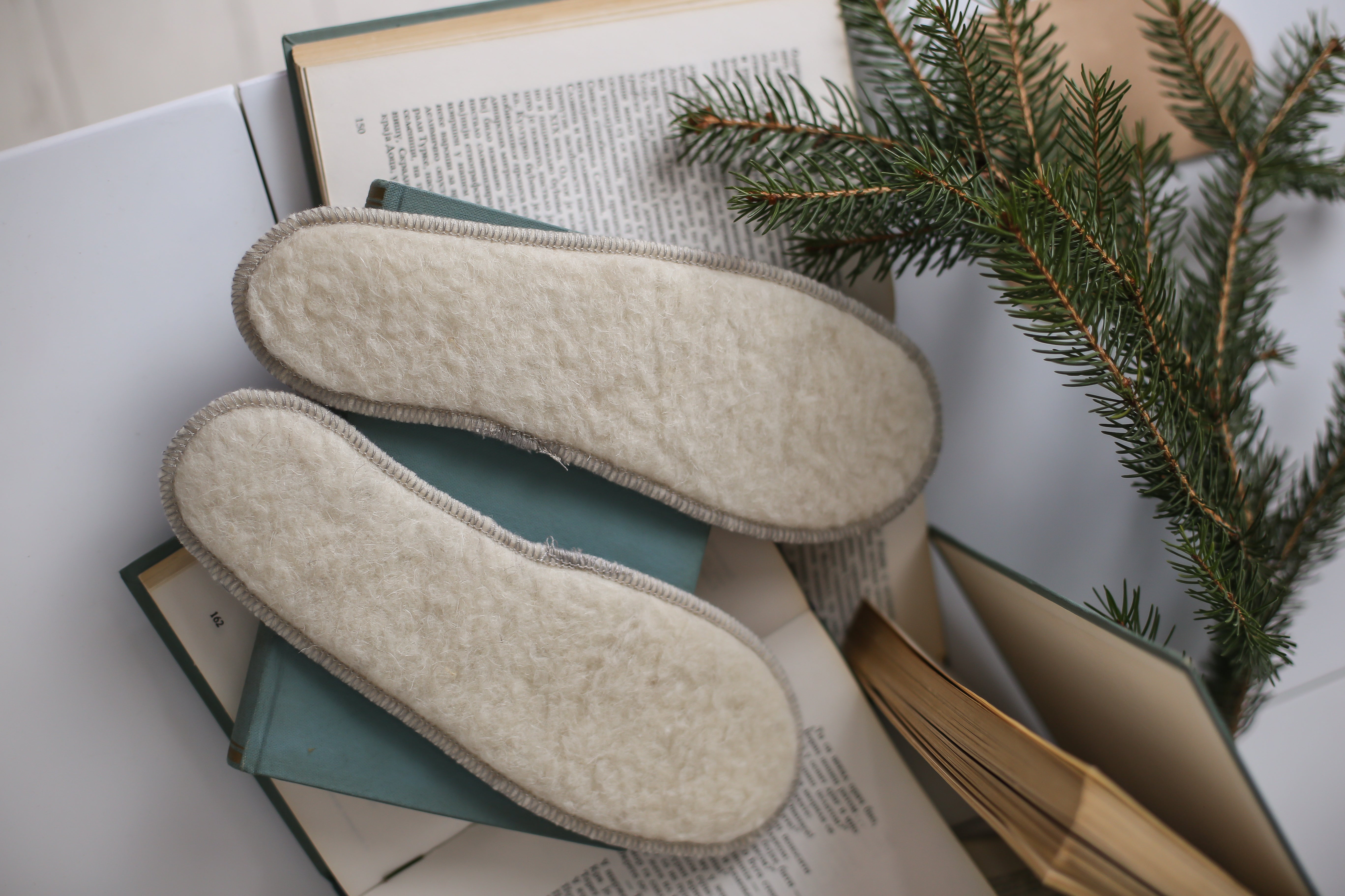 Die Einlegesohlen Schurwolle von Wool-Line abgelegt auf drei Büchern im Schlafzimmer. Die grauen Schuheinlagen sind umgedreht zu sehen, sodass der weiche Filz aus Schafschurwolle genau zum Vorschein kommt. Daneben liegt ein Ast eines Nadelbaums zur dekorativen Untermalung des Naturproduktes.