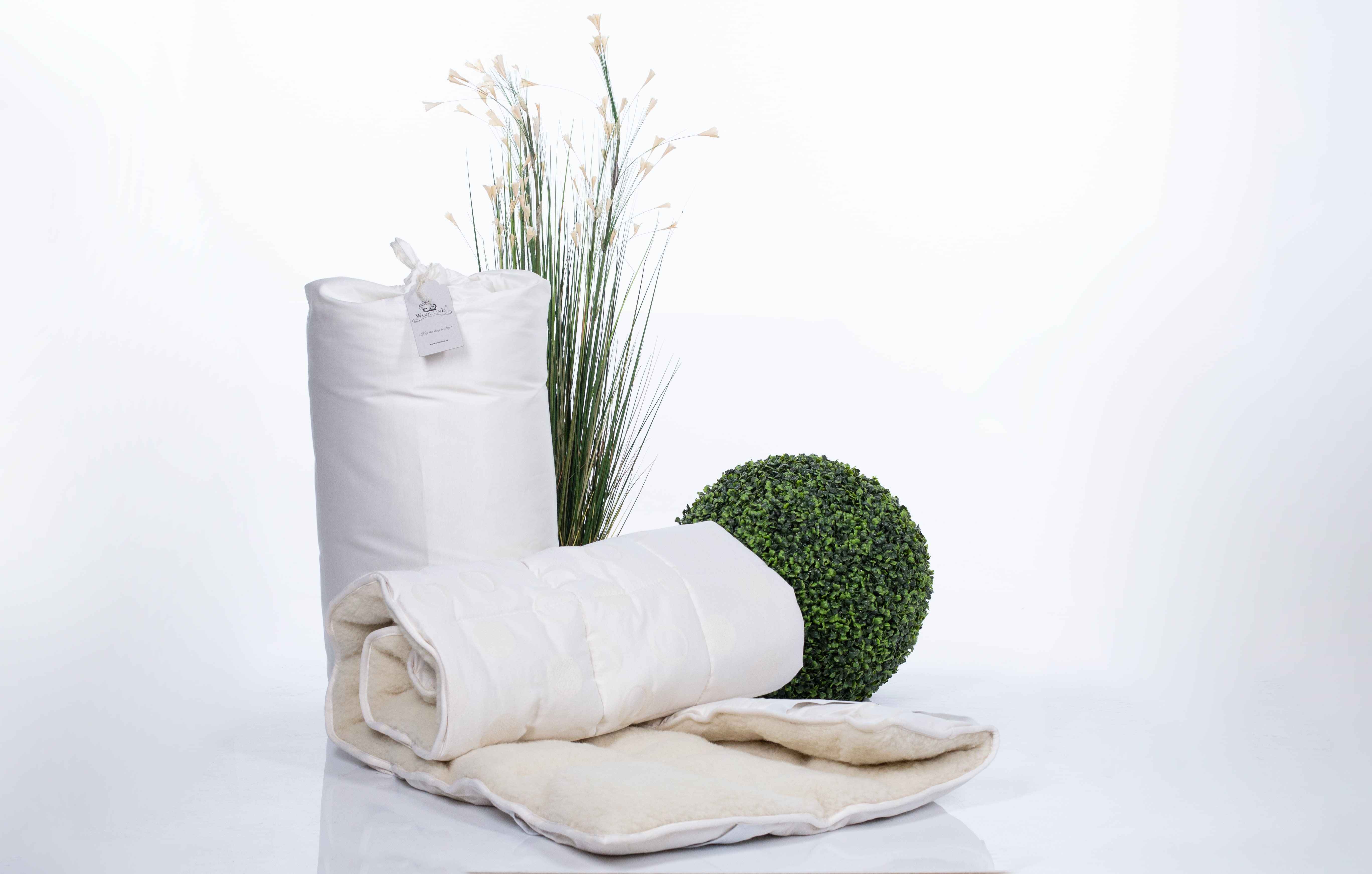 Der Naturtoller Gold Lux für Matratzen liegt eingerollt auf weißem Untergrund. Im Hintergrund befindet sich ein großer Baumwollbeutel, mit dem der Topper von Wool-Line zu Kunden versendet wird. Im Hintergrund sind 2 grüne Pflanzen zu sehen.