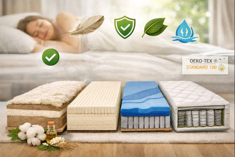 Welche Matratze ist die gesündeste? Ein Querschnitt von vier gesunden Matratzenarten: Schafschurwolle-Matratze, Naturlatex, Kaltschaum und Taschenfederkern im Vergleich. 