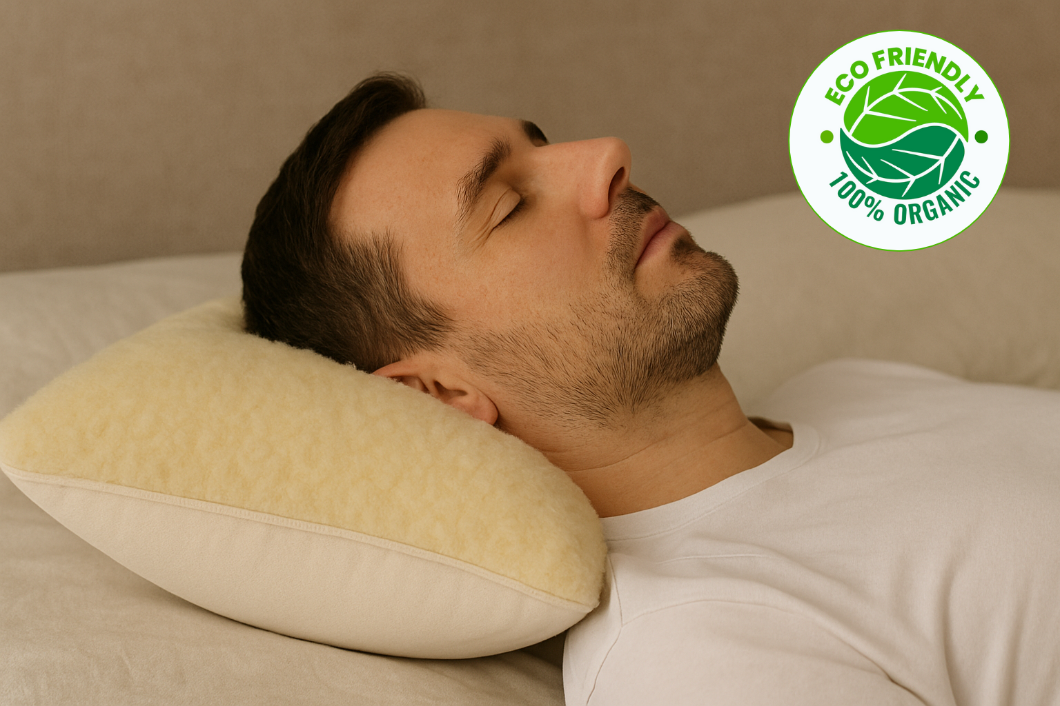 Ein Mann schläft entspannt auf dem Kissen Schafwolle Gold/Lux von Wool-Line. Sein Nacken liegt auf dem weichen und wärmendem Wollfilz. Oben rechts befindet sich ein Siegel, auf dem steht: Eco Friendly 100% Organic, was die Natürlichkeit und Nachhaltigkeit des Kissen aus Schafwolle unterstreicht. 