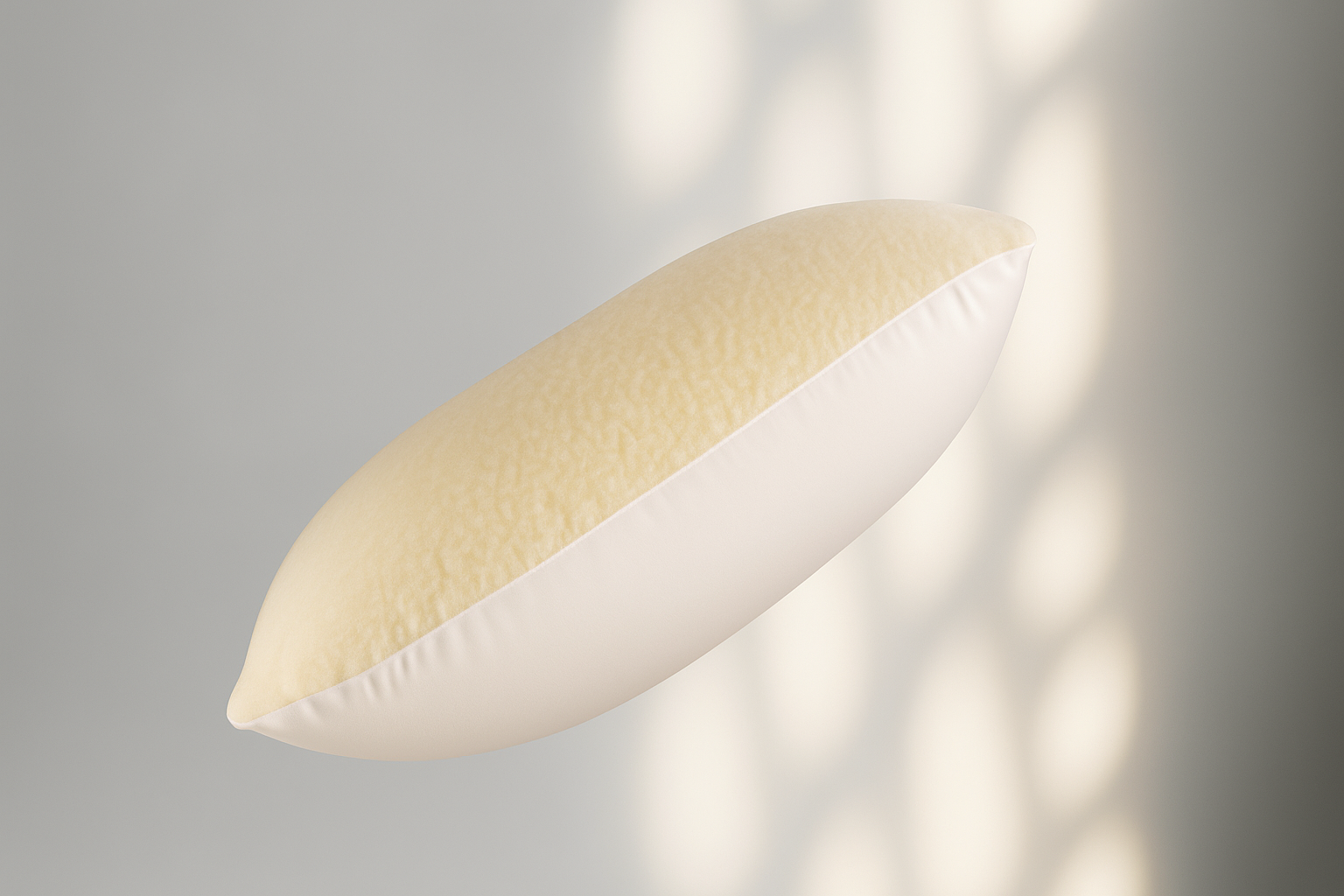 Das Kissen aus Schafwolle Gold/Lux vor einem weißen Hintergrund. Die zwei unterschiedlichen Bezüge des Kopfkissen sind deutlich zu sehen. Einmal der weiche Filz auf Bio-Wolle und auf der anderen Seite ein kühlender Bezug aus Bio-Baumwolle. 