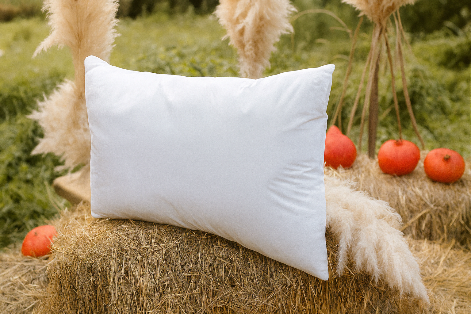 Das weiße Kissen aus Schurwolle Lux von Wool-Line ist auf einem kleinen Strohballen abgelegt. Im Hintergrund befindet sich Obst und dekorative Ären. Das Bild symbolisiert die Verbindung des Kissen aus Schurwolle mit der Natur. 