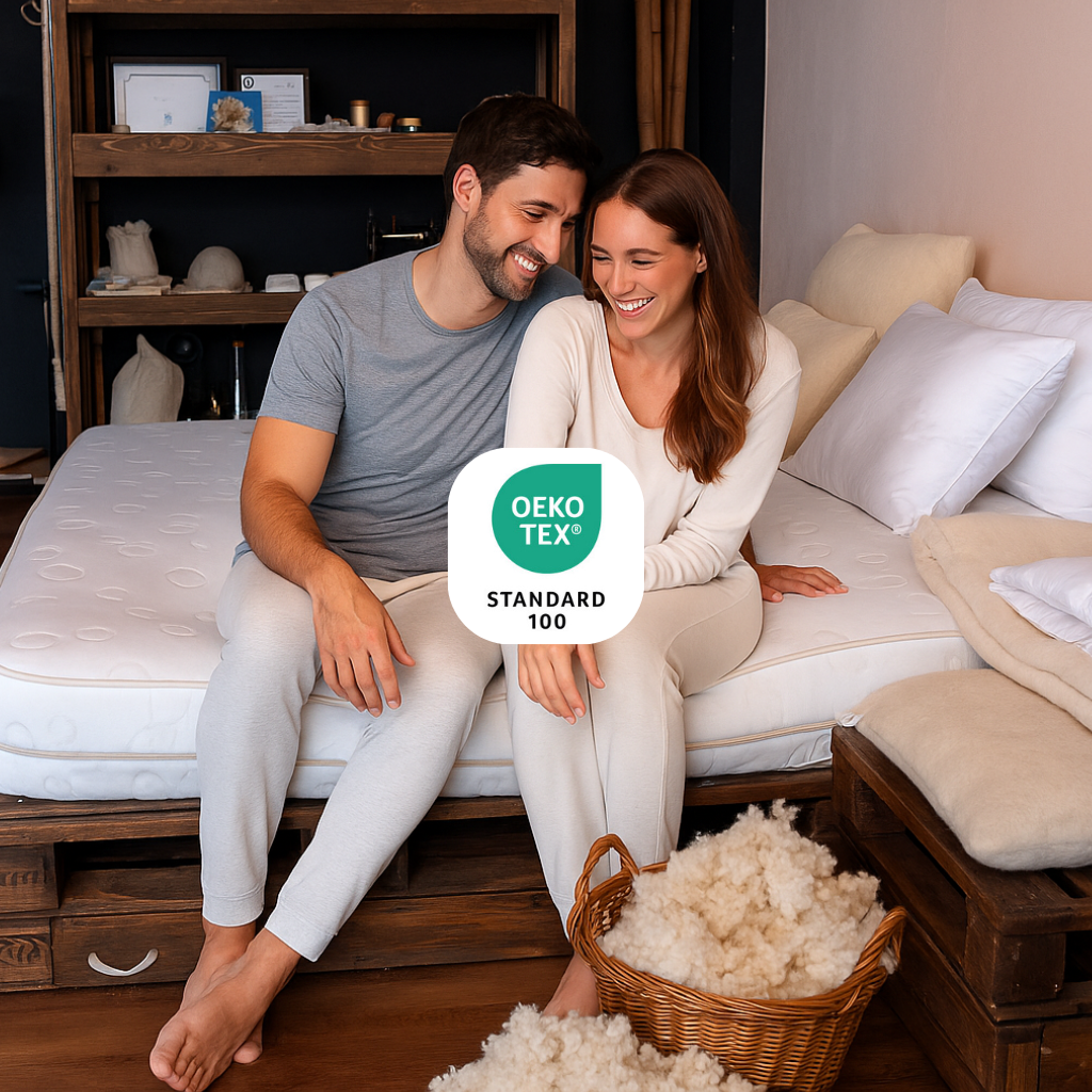 Ein Pärchen sitzt lächelnd und entspannt auf einer unserer Schafschurwolle Matratzen. In der Mitte blinkt das Siegel OEKO TEX Standard 100 - eine Zertifizierung für nachhaltige, sichere und gesunde Materialien. Auf dem Boden befindet sich ein Korb voll mit Schafschurwolle, die bei Bedarf bequem in die Matratze nachgefüllt werden kann. 