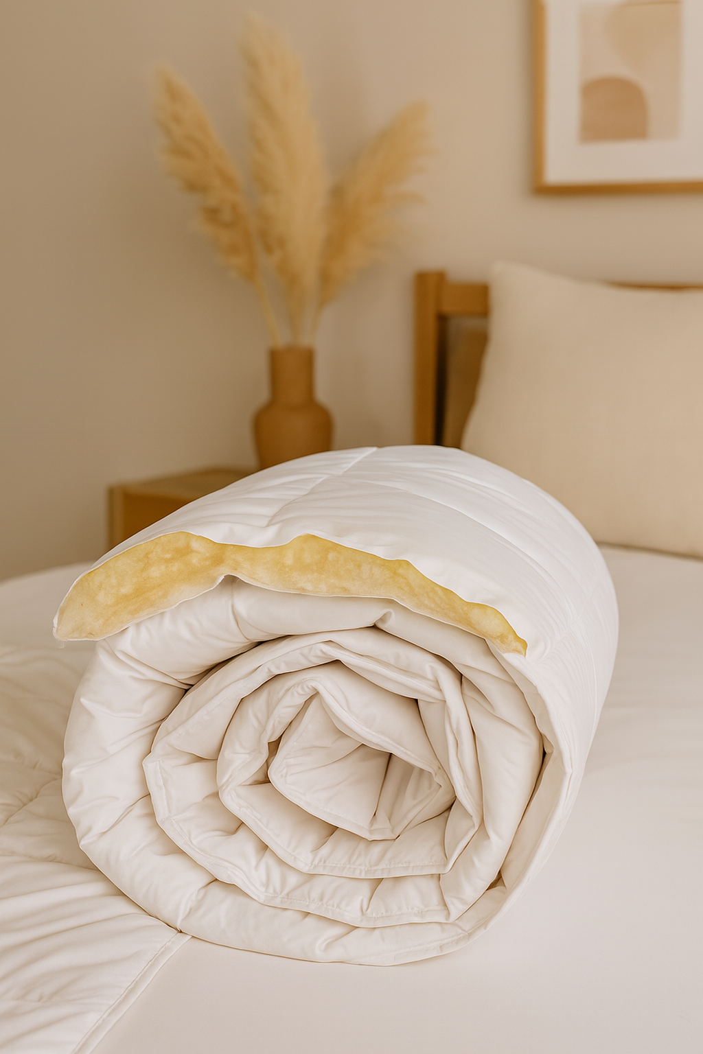 Die Schurwolle Bettdecke Lux von Wool-Line eingerollt auf dem Bett. An der Oberseite ist die Schurwollfüllung zu sehen. Hier zeigt die Bettdecke Lux ihre ganze Elastizität ohne Dellenbildung in der Hülle. 