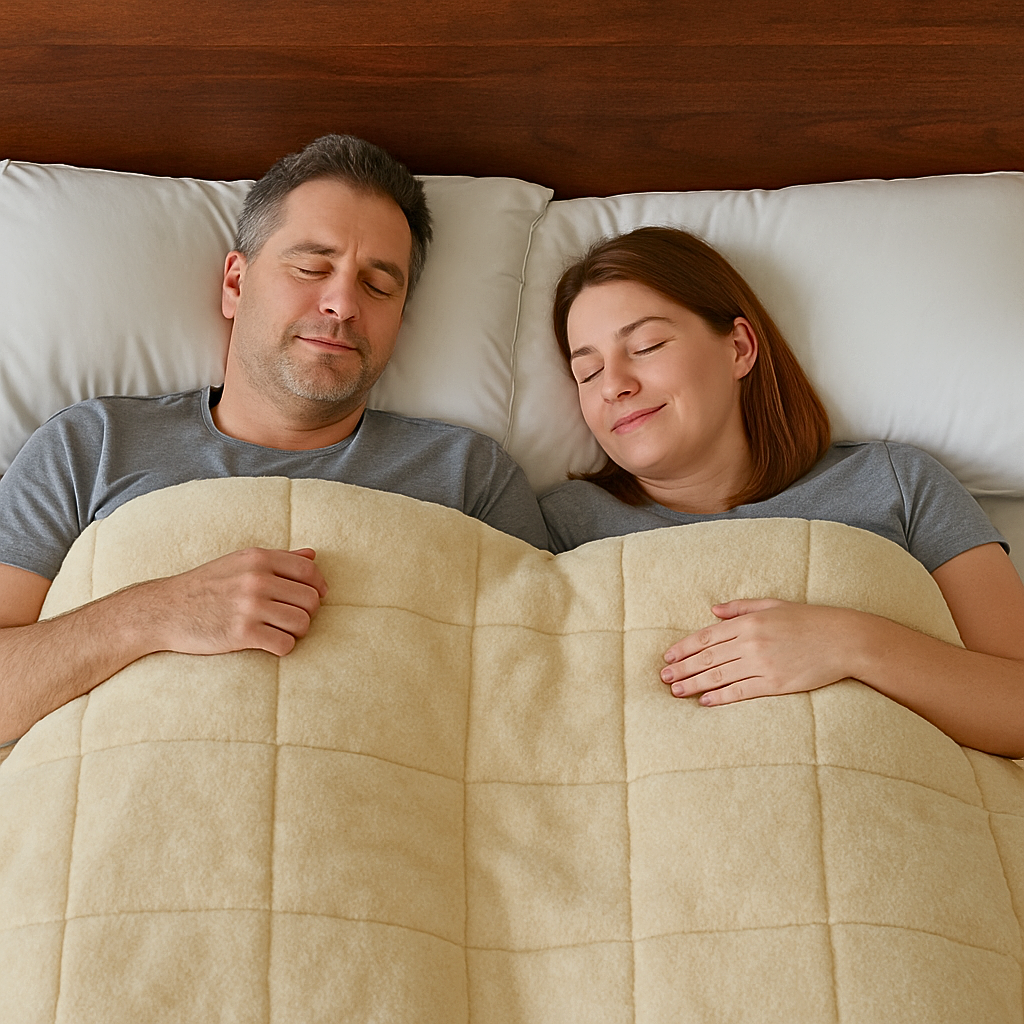 Ein Pärchen liegt gemeinsam auf dem Rücken im Bett unter ihrer Wolldecke aus Schafschurwolle Gold von Wool-Line. 