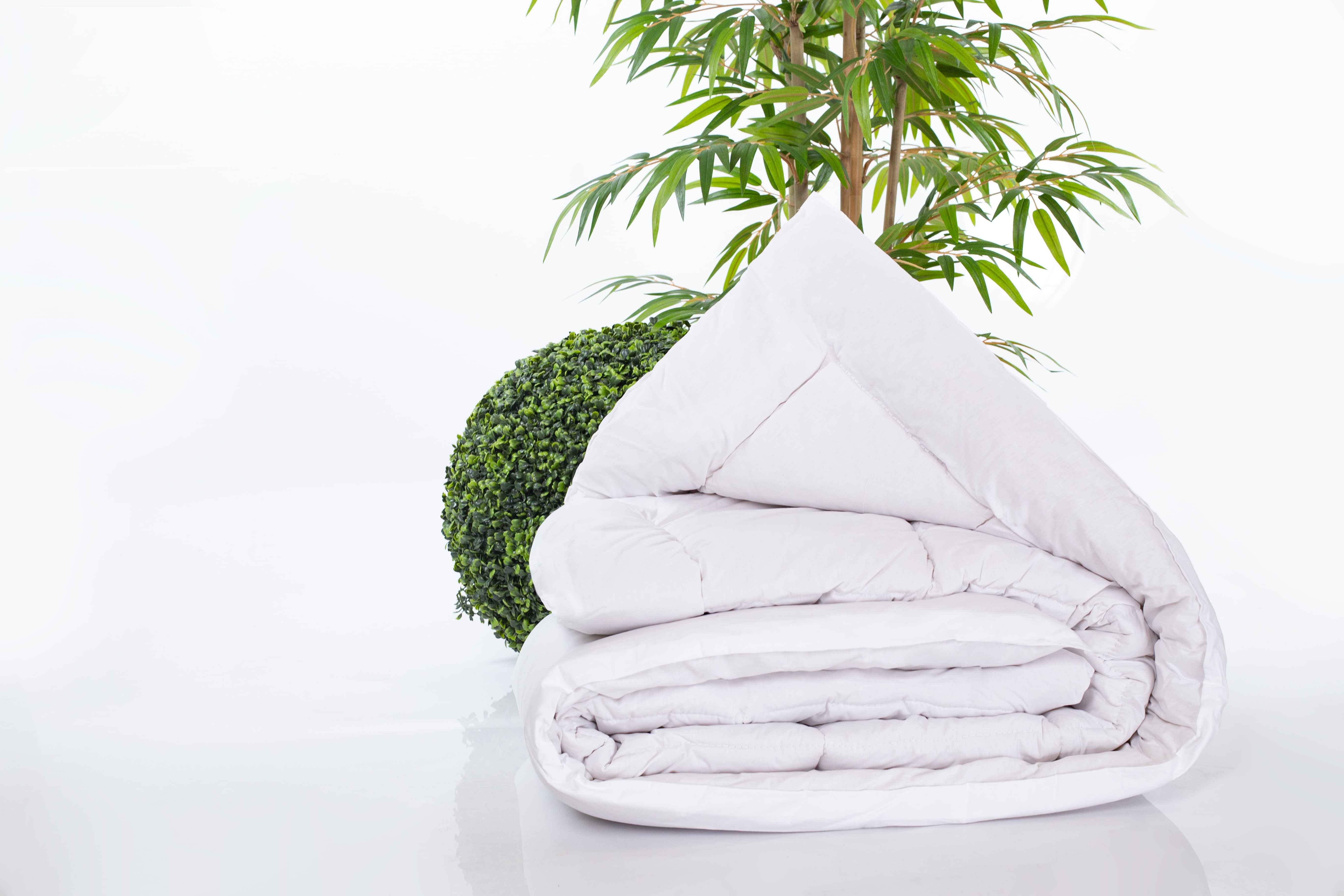 Eine weiße Schurwolle Bettdecke Lux von Wool-Line zusammengelegt auf weißem Untergrund. Im Hintergrund befinden sich grüne Pflanzen. 